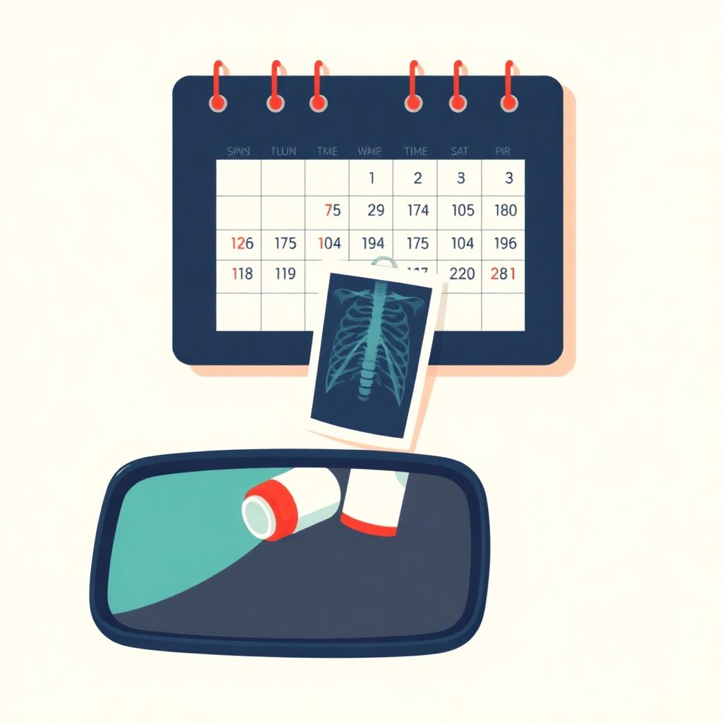 A calendar with a rear-view mirror showing an old x-ray