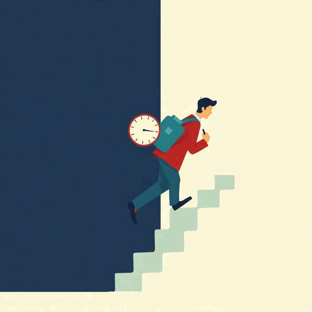 A worker climbing steps back to the office